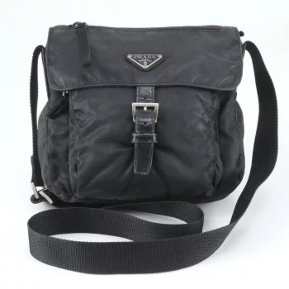 Prada Tessuto Triangle Leather Messenger Crossbody Bag Black